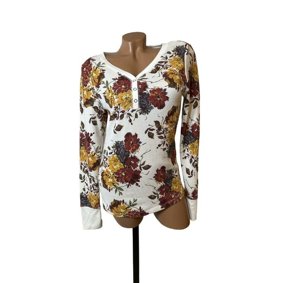 Time and Tru Tops - Floral Waffle Knit Henley Top M Soft Cozy Fall Colors Long Sleeve Tee